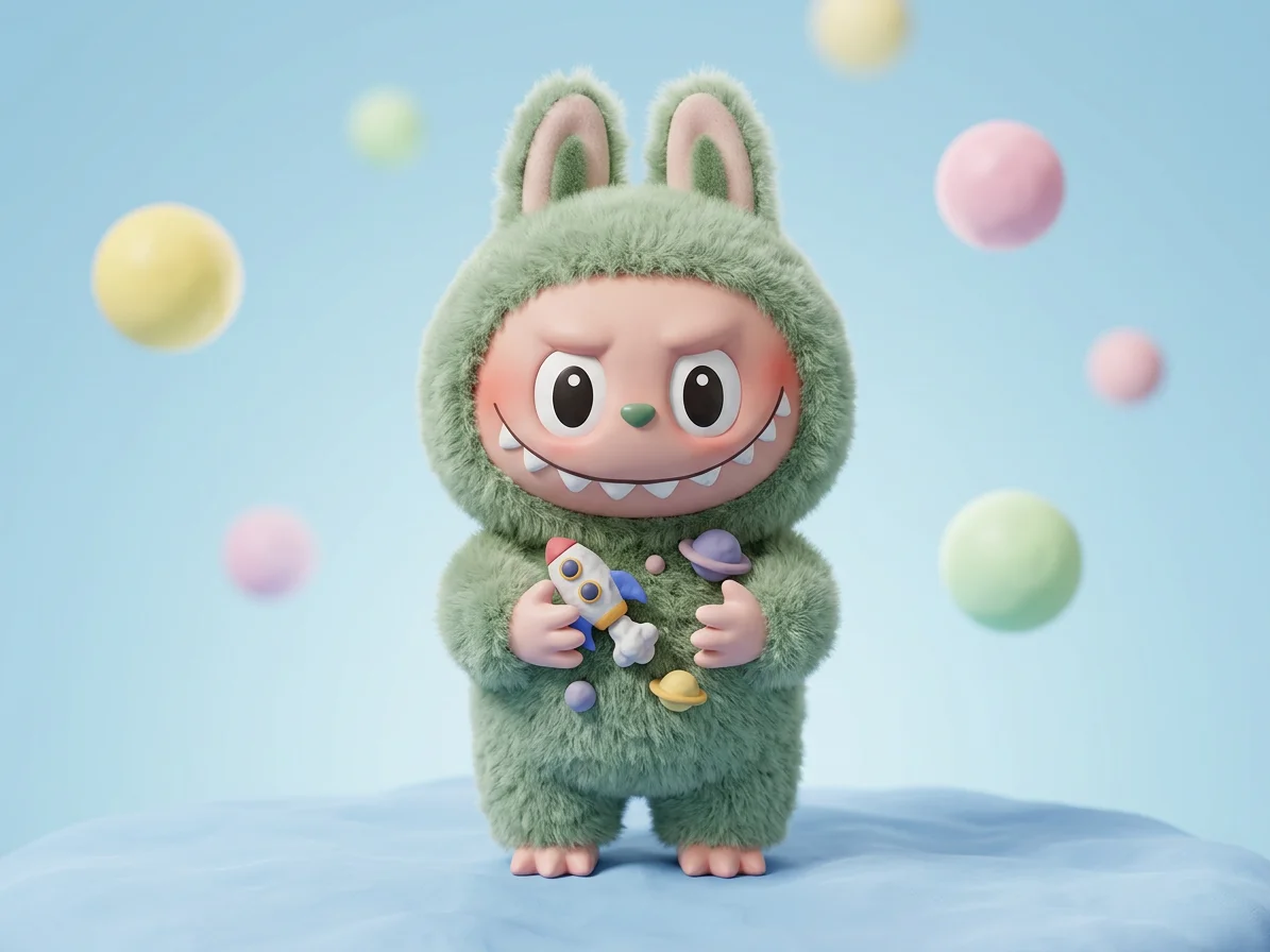 Sage green furry plush monster doll, mischievous teeth, professional lighting